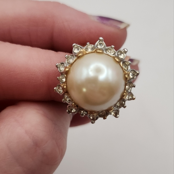 Vintage 18k Gold Electroplated Pearl & Diamond Ring Size 6 - Picture 7 of 13